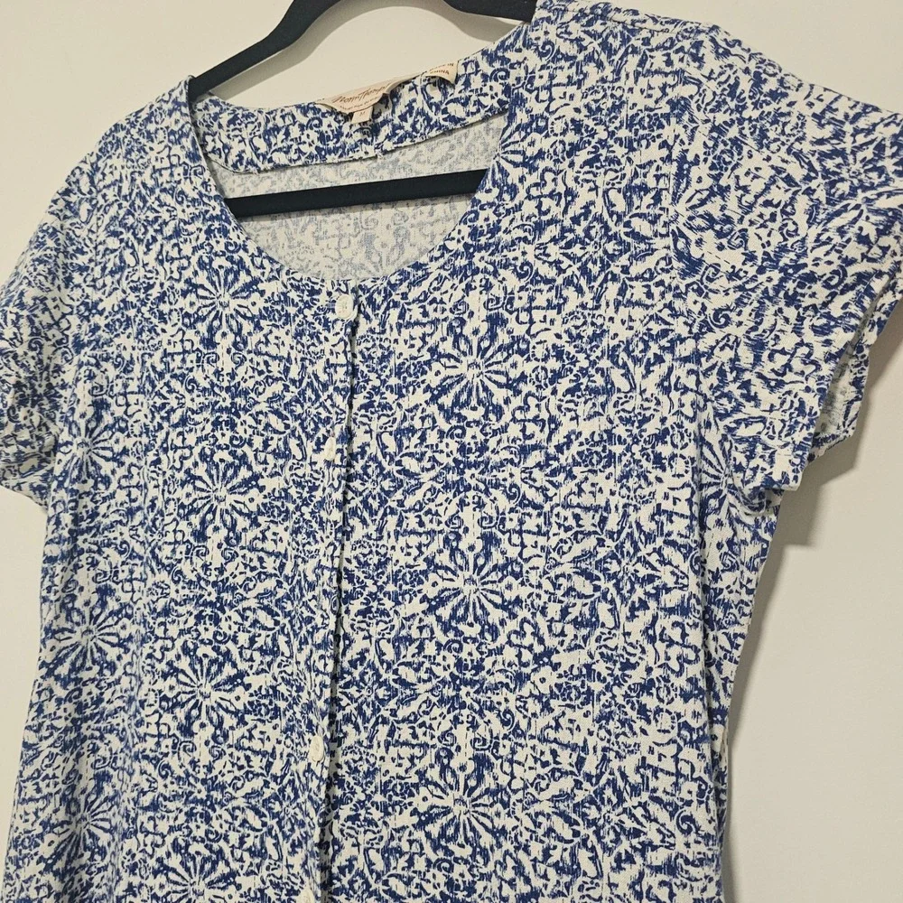 Norm Thompson M Blue‎ White Linen Blend Shirt Dress Button Front Midi Modest